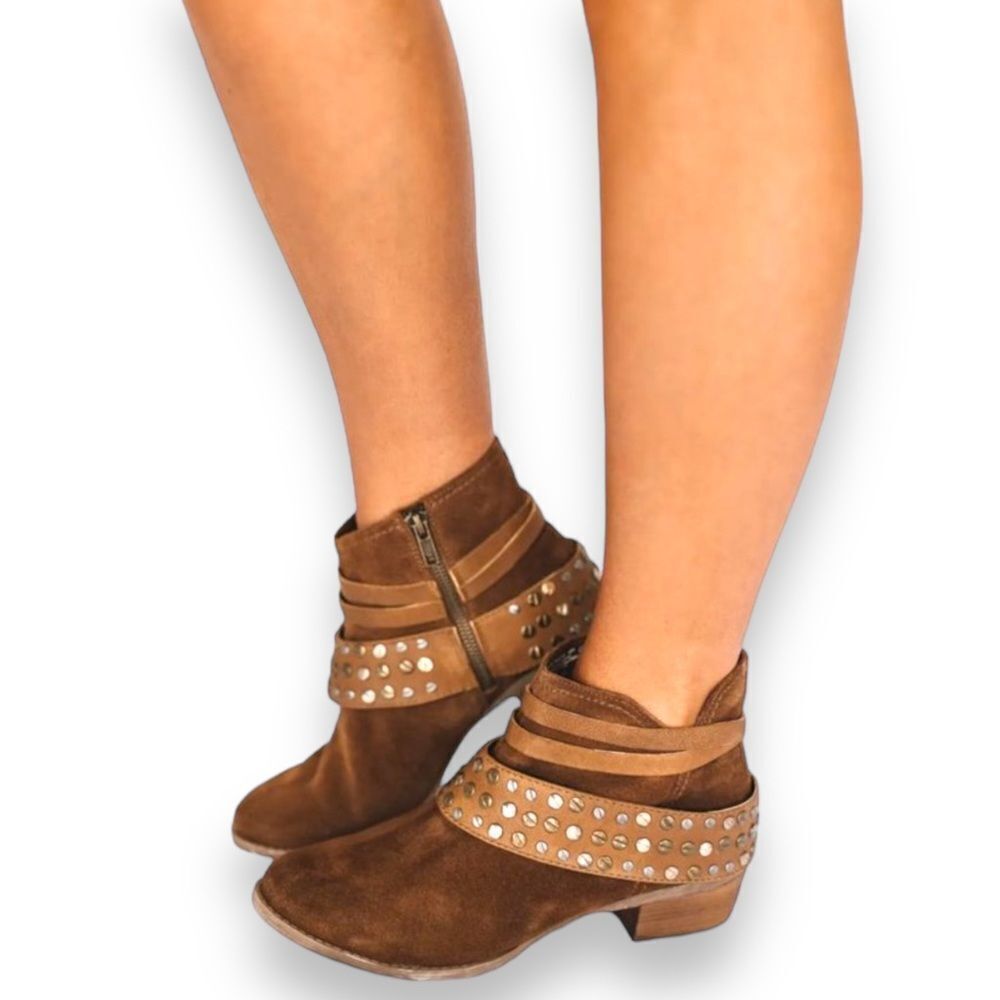 Western Brown Leather Wide Metal Studded Ankle Boots by Naughty Monkey NEW